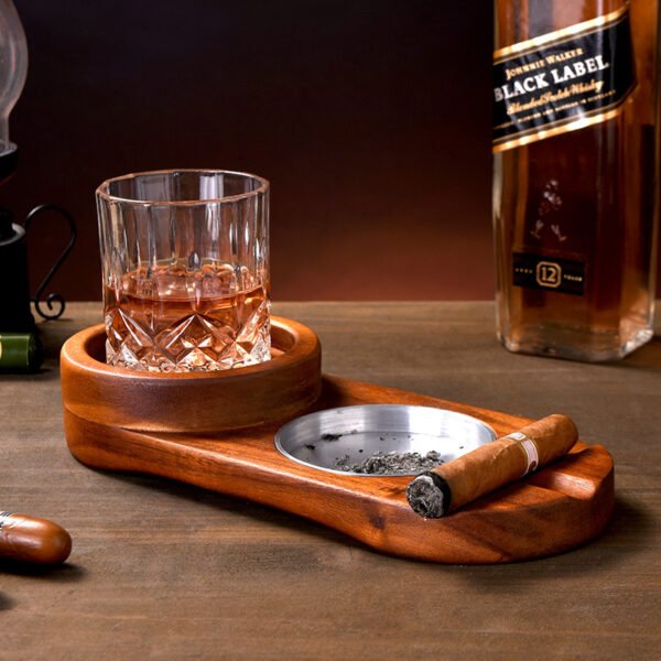 2 In 1 Wooden Ashtray Rustic Wood Whiskey Glass Cup Tray And Cigar Holder Rest Ashtray Home Office Decoration Ornaments - Image 2