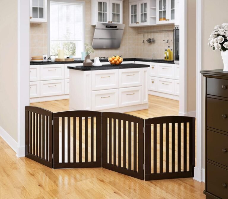 PAWLAND Wood Freestanding Foldable Pet Gate for Canine, 24 inch 4 Panels Step Over Fence, Canine Gate for The Home, Doorway, Stairs, Further Huge (Espresso, 24″ Peak-4 Panels)