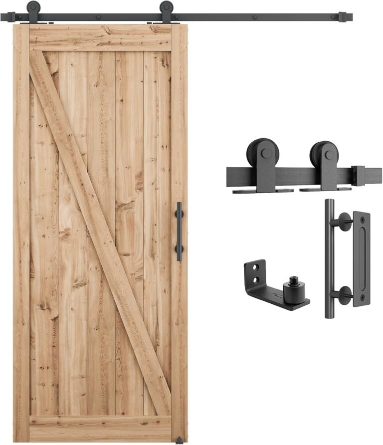SMARTSTANDARD 6 FT High Mount Sliding Barn Door {Hardware} Equipment Complete Set, Match 36″ Extensive Door Panel, Embody 12in Door Deal with & Adjustable Flooring Information, (T Form Hanger)