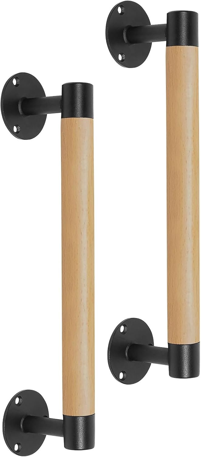 2 Pack 12 Inch Wood Sliding Barn Door Pull Handles W/T Metallic Brackets – Wooden Seize Bars Gate Pulls for Shed Storage, Fence, Patio, Pantry, Closet Cupboard Furnishings Door Pulls