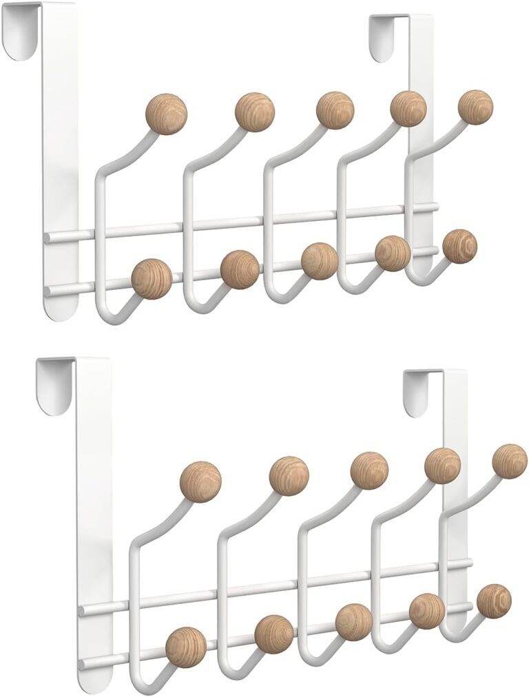 2 Pack Over The Door Hooks,Sturdy Metallic Over Door Organizer Rack with 10 Wood Hooks for Residing Room, Lavatory, Bed room, Kitchen Hanging Garments, Towels, Hats, Coats, Baggage-White