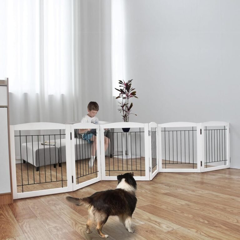 ZJSF Freestanding Foldable Canine Gate Wood Further Huge White Pet Gate 6 Panels Tall Pet Gate Canine Gates for The Home Canine Fence