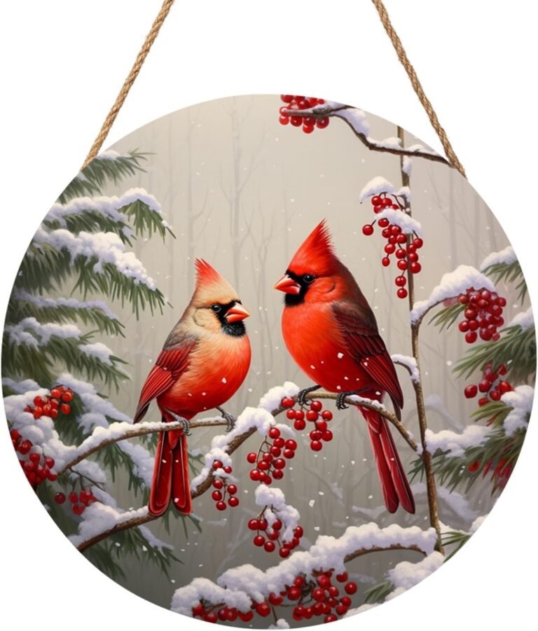 Anyako Winter Purple Cardinal Hen Door Signal For Entrance Door Decor,Holly Berry Branches Snow Wood Signal 12″x 12″ Spherical Wooden Hanging Door Signal Winter Ornament for Wall Rustic Decor