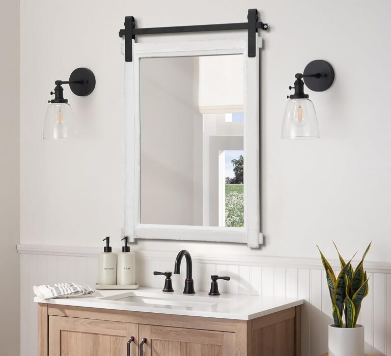Farmhouse Barn Door Mirror, 24″x36″ White Rustic Rest room Mirror, Wooden Body Wood Wall Mirror for Dwelling Room Bed room Entryway Rest room Wall Décor