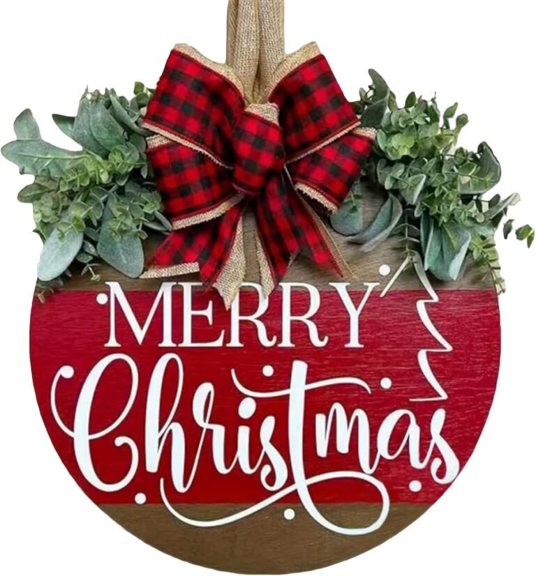 Merry Christmas Hanging Signal for Entrance Door, Picket Welcome Wreath with Bow for Vacation Rustic Farmhouse Out of doors Wall Window Decor (Merry Christmas Wreath)
