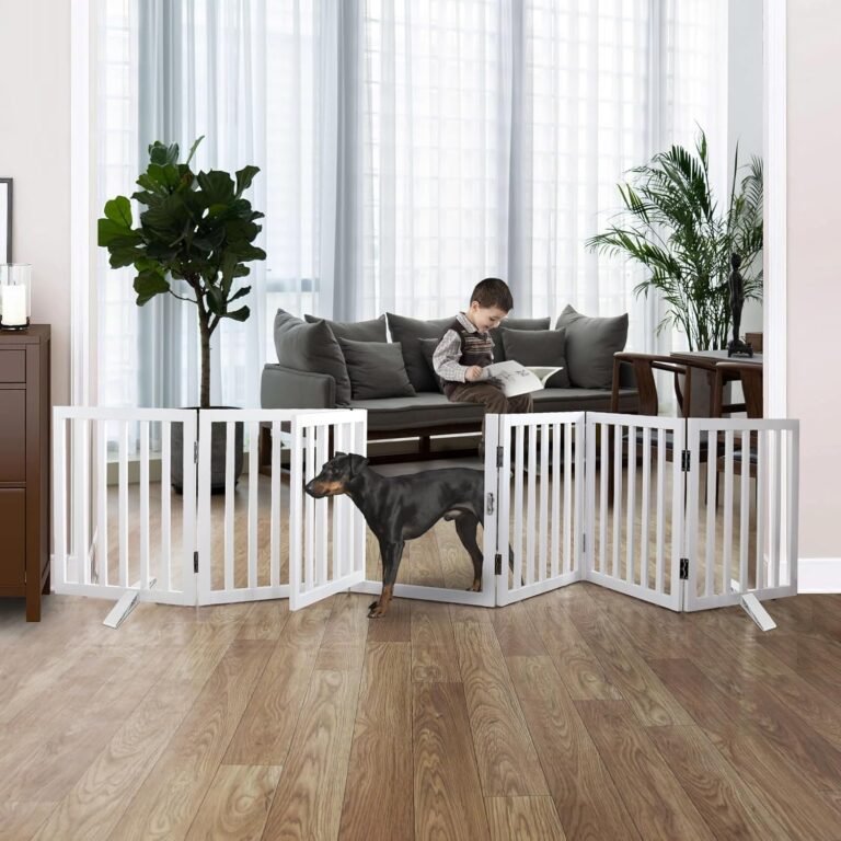 Freestanding Foldable Canine gate Indoor with Door, Picket White Canine Fence for Doorway, Stairs, Home, or Room, Pet Gate with Assist Ft Included, 24″ Peak, 6 Panels