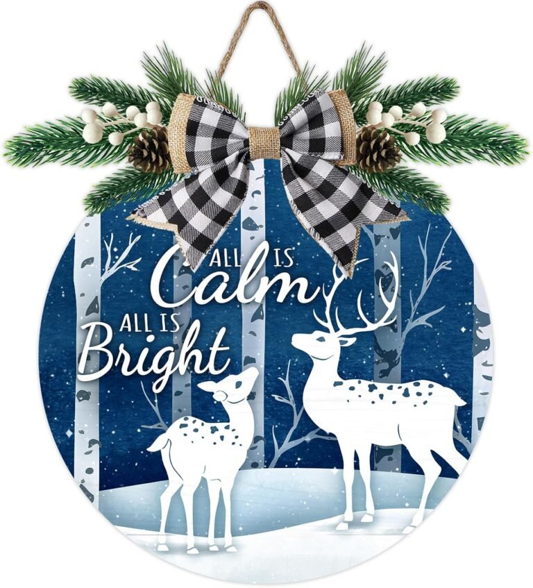 Deroro Winter Wonderland Deer Blue Entrance Door Signal, All is Calm All is Brilliant Birch Wooden Door Hanger Outside Porch Decor, Christmas Wood Wreath with Checkered Bow Indoor Wall Hanging Ornament