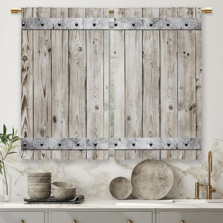 Farmhouse Wood Barn Door Kitchen Curtains Nation Wooden Western Small Quick Cafe Window Curtains Rustic Classic Lavatory Window Drapes Therapy Tier Curtains 2 Panels (27.5×39 Inch)