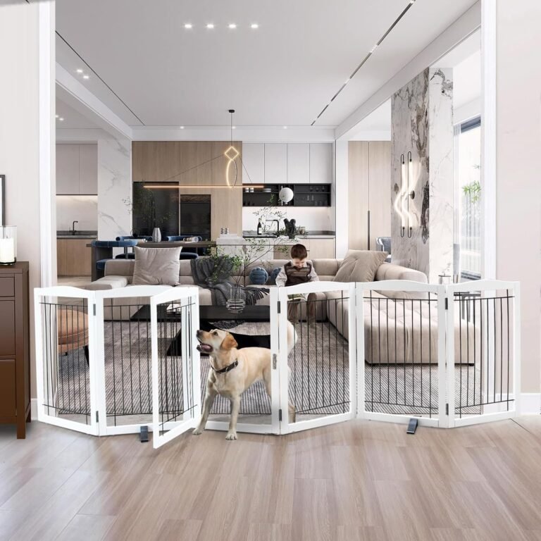 Foldable Freestanding Canine gate with Door Indoor, Picket White Pet Gate for Doorway, Stairs, Home, or Room, Canine Fence with Help Ft Included, 32″ Peak, 6 Panels