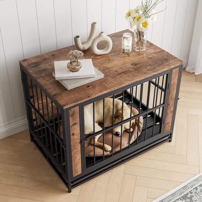 Canine Crate Furnishings, Steel and Picket Canine Crate, Canine Kennels with 3 Doorways Indoor, Pet Pet Crate Finish Desk for Small/Medium/Giant Canine, Heavy Responsibility Canine Home, Rustic Black and Brown