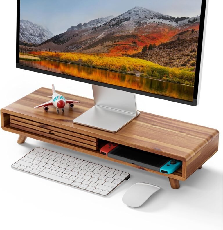 Tinamo Acacia Monitor Stand Riser with Sliding Door – Wood Monitor Riser for Desk – Pc Monitor Stand for Desk – Multi-Goal Desktop Storage Stand for Pc; Laptop computer; TV(24.4 ” x 8″ x 5″)