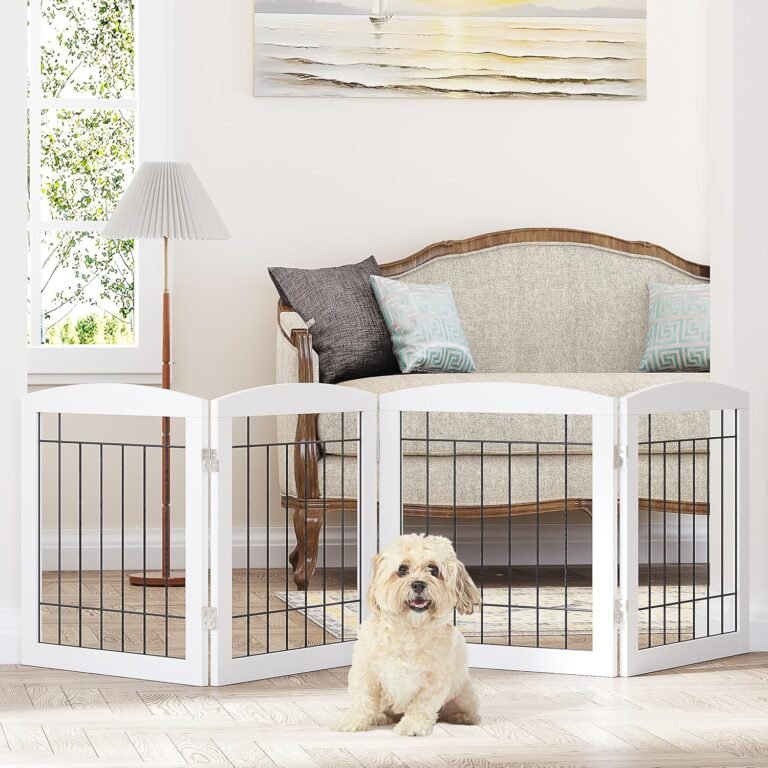 PAWLAND Canine Gate for The Doorways Home Stairs Foldable Freestanding Indoor Pet Gate for Canine Wood Pet Security Fence 80″ Vast 24″ Top 4 Panels White