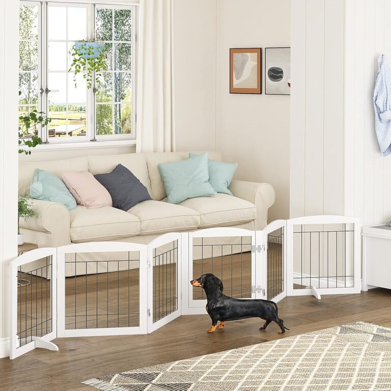 Spirich Additional Broad Canine Gates with Stroll By way of Door, Wood Freestanding Pet Gate for Canine, Canine Gate for The Home, Doorway, Stairs, 120″ Broad Pet Pet Security Fence with 6 Panels (White)
