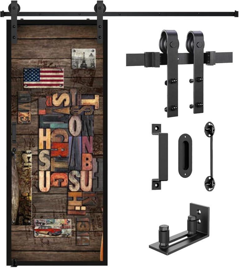 Barn Door {Hardware} Package Heavy Obligation Sliding Door Monitor Package with Adjuestable Ground Information and a couple of Handles, Easily and Quietly {Hardware} Kits with Lock (J Form Hanger) (6.6FT Single Package)