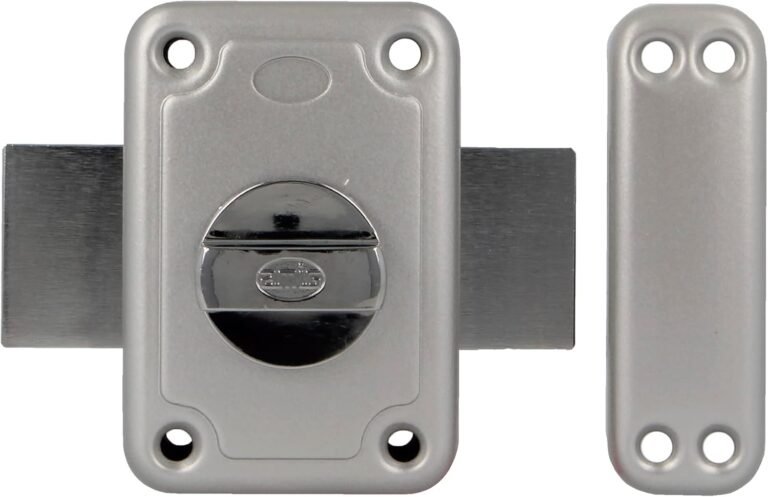 Amig – Overlap Lock with Locking Lever and Inside Crutch for Picket Doorways Mod. 80 | 96 x 66 mm | Latch with Spherical Safety Cylinder | Silver Enamelled Metal