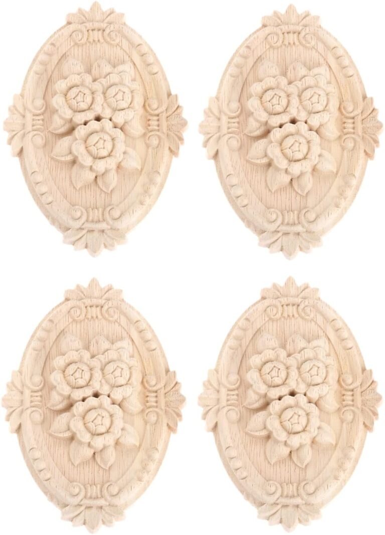 Wooden Appliques Ornamental Wood Onlays, Rose Carved Ornaments for Furnishings, Oval Middle Carving Decals for Door Hearth Cupboard Mattress Dresser Stairs DIY Tasks, 4Pcs, 21x15cm/8.23″x5.91″