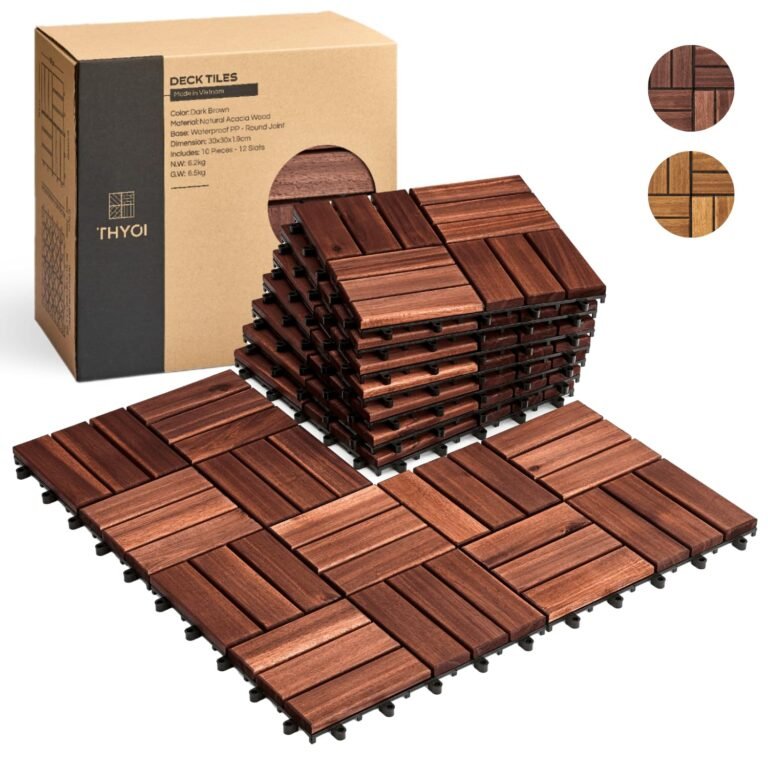 10 Pcs Interlocking Deck Tiles 12″ x 12″, Patio Flooring Outside Waterproof, Acacia Wooden Tiles All Climate, Ground Tiles for Balcony, Yard, Indoor and Outside use (Brown)