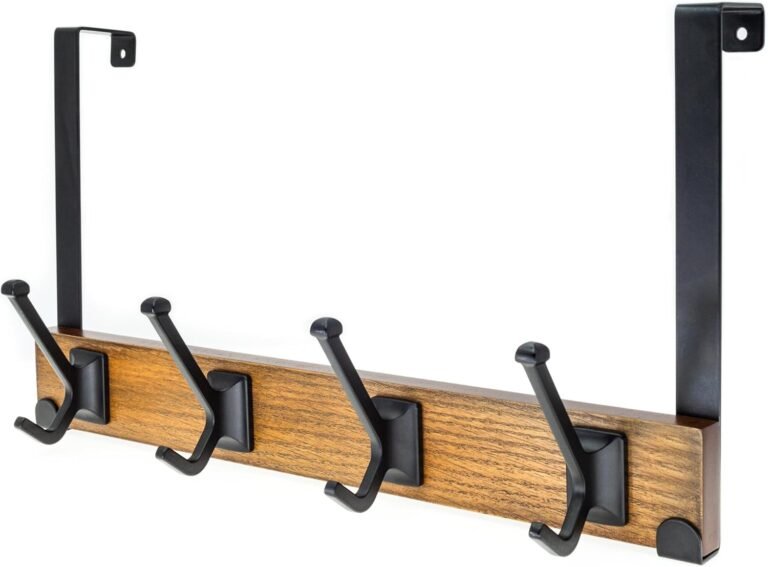 creathome Twin-Objective Wood Hanger with 4 Robben Hooks Traditional Colour, Behind/Over The Door Towel Rack for Rest room, Heavy Obligation Wall Mounted Coat Rack, No Drilling