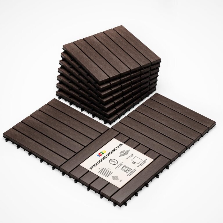 Idzo Interlocking Deck Tiles – 10PCS Waterproof Acacia Wooden Patio Tiles, Flooring Tiles for Each Indoor and Outside – Decking Stripe Sample, Darkish Brown, 12 x 12 x 0.9 inches