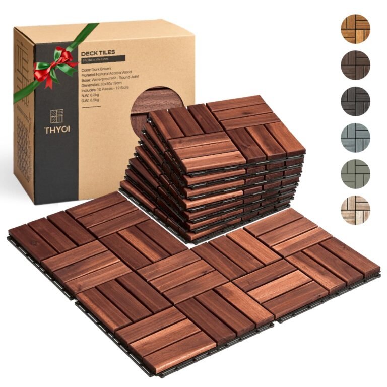 10 Pcs Interlocking Deck Tiles 12″ x 12″, Patio Flooring Out of doors Waterproof, Acacia Wooden Tiles All Climate, Ground Tiles for Balcony, Yard, Indoor and Out of doors use… (Darkish Brown)