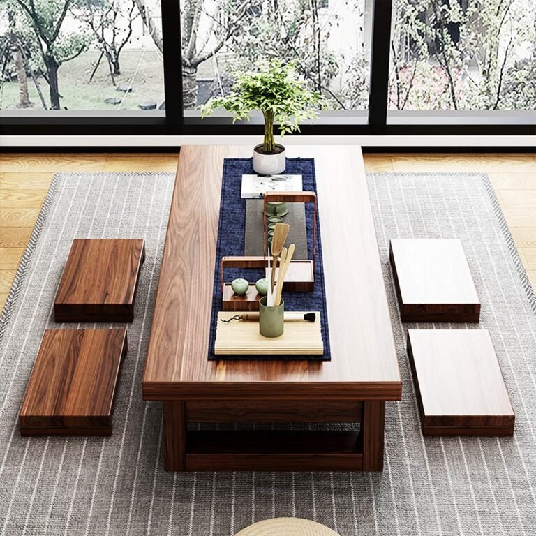 Japanese Fashion Picket Flooring Desk with 4 Stools Tea Desk for Sitting Classic Kotatsu Eating Desk Brown 100x60x35cm