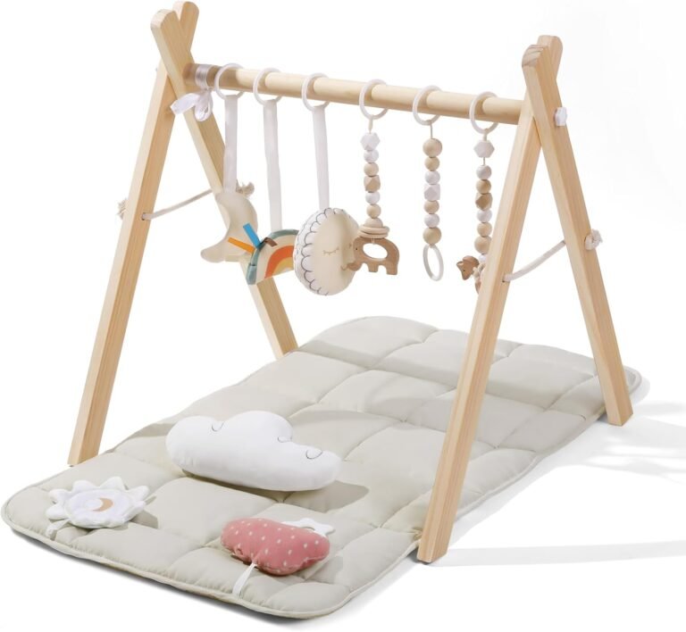 Child Fitness center with Mat, Wood Play Fitness center with 9 Sensory Toys, Foldable Child Play GymFrame Exercise Heart, Pure Pine Wooden, Montessori Toys, Simple to Assemble & Clear, Pure Shade