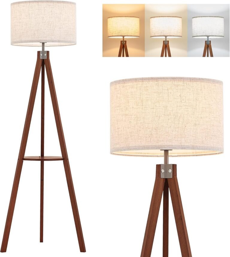 ELYONA Tripod Flooring Lamp with Cabinets, 3 Colour Temperatures LED Fashionable Wooden Desk Studying Standing Gentle, Picket Shelf Flooring Lamp for Farmhouse Residing Room Bed room Workplace Nature Linen Shade,Brown