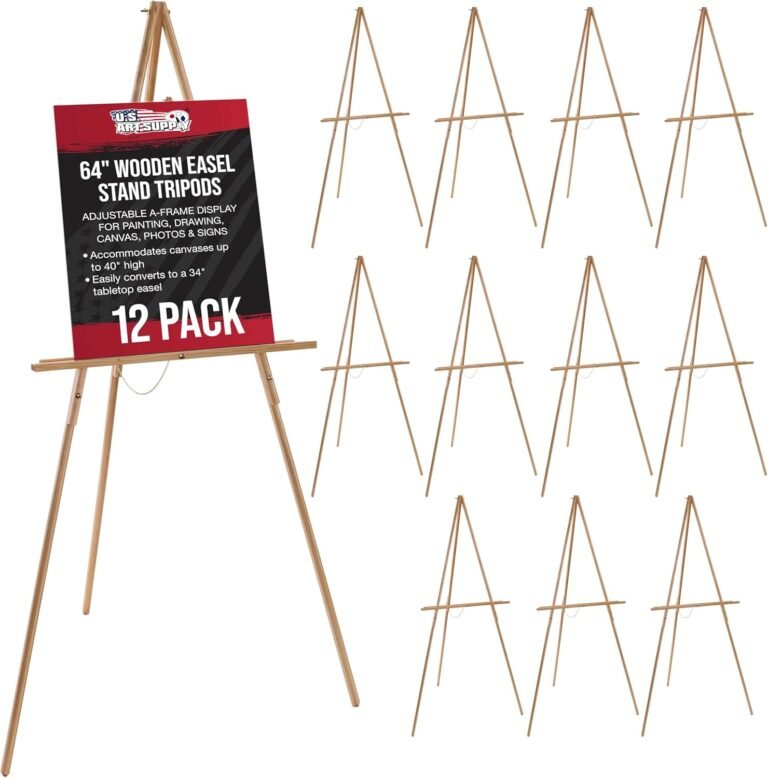 U.S. Artwork Provide 12-Pack 64″ Wood Easel Stand Tripods – Adjustable A-Body Show, Portray, Drawing, Canvas, Images & Indicators – Light-weight Pinewood Studio Easel Adjustable Tray & 40″ Canvas Capability