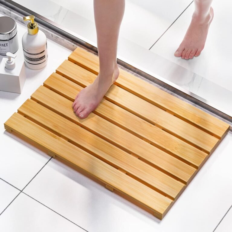Domax Bamboo Bathtub Mat for Toilet – Bathe Mat Non Slip Waterproof Wood Bathe Ground Mat for Doorway Sauna Spa Yard Patio Pool Out of doors Use (Pure, 21.26 x 14.17 x 1.3 Inch)