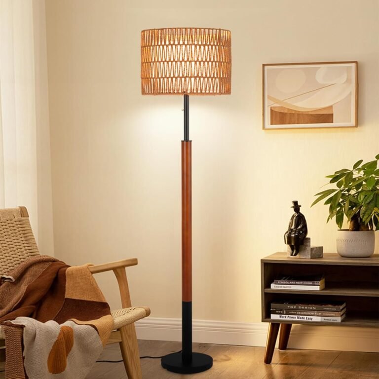 Boho Flooring Lamps for Residing Room, Rattan Flooring Lamp with 3-Manner Dimmable Bulb, Wooden Flooring Lamp with Rattan & Cloth Shades, Stable Picket Pole Boho Standing Lamps, Giant Flooring Lamp for Bed room Workplace
