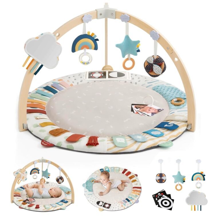 Blissful Diary Child Play Gymnasium & Exercise Mat, 5 Developmental Zones Wood Tummy Time Mat with 6 Removable Sensory Toys for Motor Expertise & Sensory Growth, Child Necessities Bathe Reward