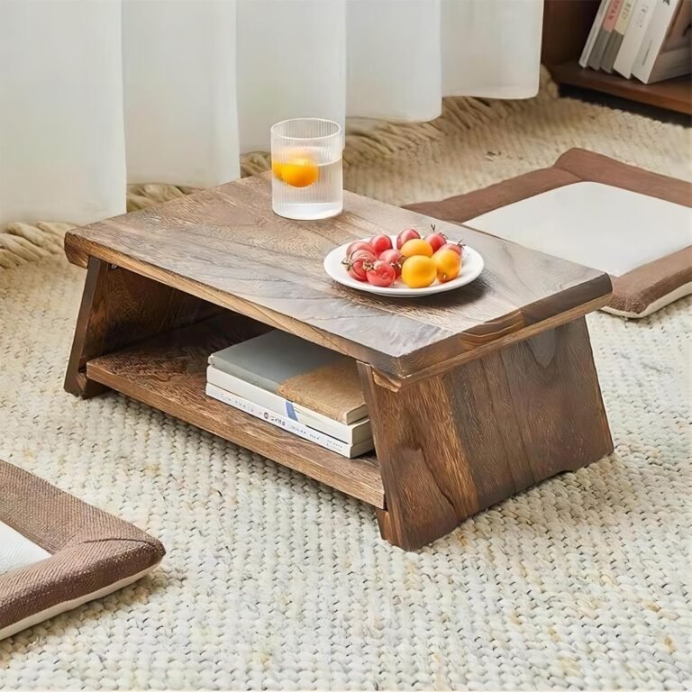 Vintage Desk with Folding Legs, Wood Espresso Desk, Japanese Ground Tea Desk 2-Tier, Laptop computer Tatami Desk, Multifunctional Low Desk，Espresso Desk for Bay Window
