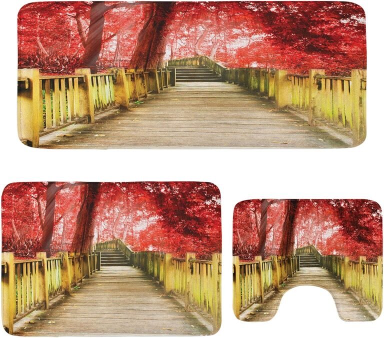 Ambesonne Autumn Rest room Rug Set 3 Items, Summary Vinous Tones Forest with Picket Pier Walkway and Stairs, Plush 2 Rectangular Flooring Mats & a U-Form Rest room Mat, Vermilion and Pale Brown