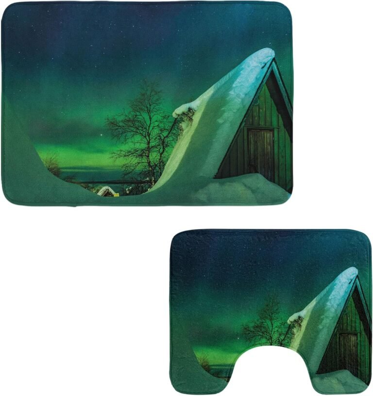 Ambesonne Aurora Borealis Rest room Rug Set 2 Items, Wood Roof Home Winter ICY Arctic View Chilly Climates Air Picture, Water-Resistant Rectangle Ground Rug & U-Form Contour Mat, Darkish Blue Jade Inexperienced