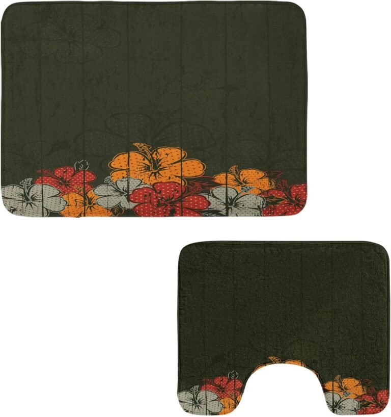 Ambesonne Floral Toilet Rug Set 2 Items, Summary Picket Backdrop with Hawaiian Romantic Flowers Buds Blooms Leaves, Water-Resistant Rectangle Ground Rug & U-Form Contour Mat, Military Inexperienced Amber Purple