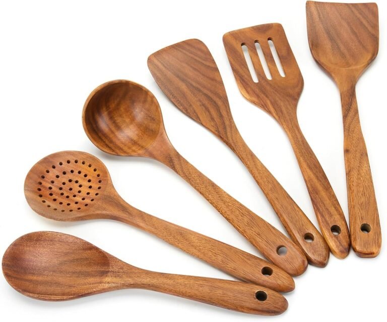 6 Piece Picket Spoons for Cooking,Easy End Teak Picket Utensils for Cooking, Consolation-Grip Wooden Spoons for Cooking, Non-Stick Picket Cooking Utensils,Teak Picket Spoon Units (6 PCS Giant)