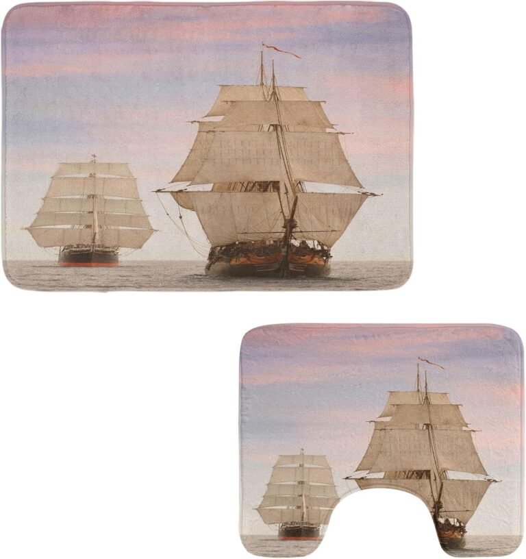 Ambesonne Ocean Lavatory Rug Set 2 Items, Sailboat Gaff Prime Sail Tall Wood Crusing Ships Waves Print Picture, Water-Resistant Rectangle Flooring Rug & U-Form Contour Mat, Cream and Blue Gray