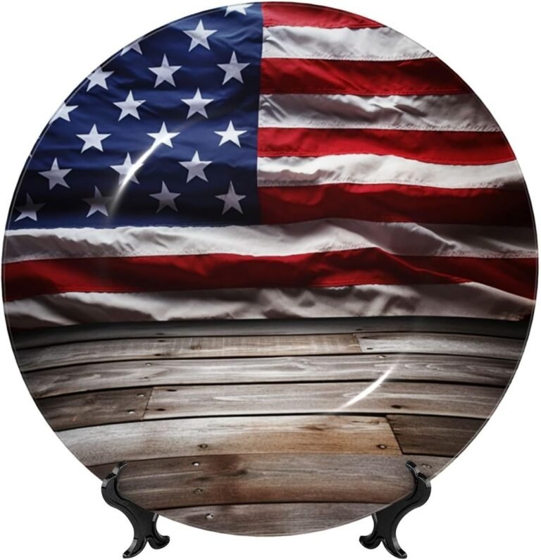 Bone China Ornamental Plate 7in Ceramic Dinner Plates Picket Flooring American Flag Ornamental Plates Stand Ceramic Decoration Artwork Crafts Porcelain Plate for Residing Room Kitchen Desk Residence