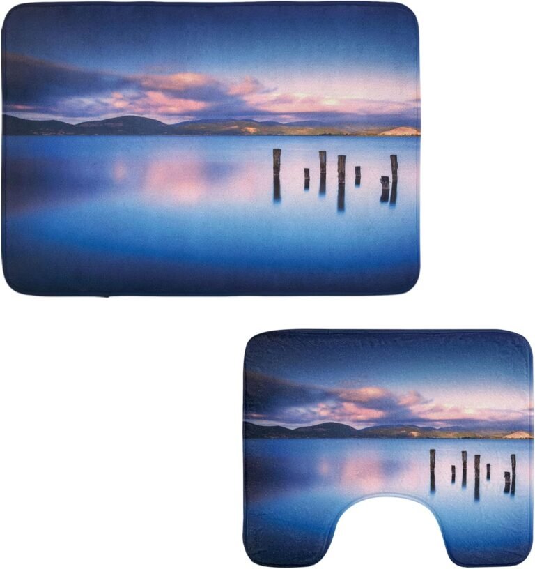 Ambesonne Nature Toilet Rug Set 2 Items, Wood Pier Tops Stay in Lake with Sundown Mirror Picture Out Completely different Views, Water-Resistant Rectangle Ground Rug & U-Form Contour Mat, Royal Blue