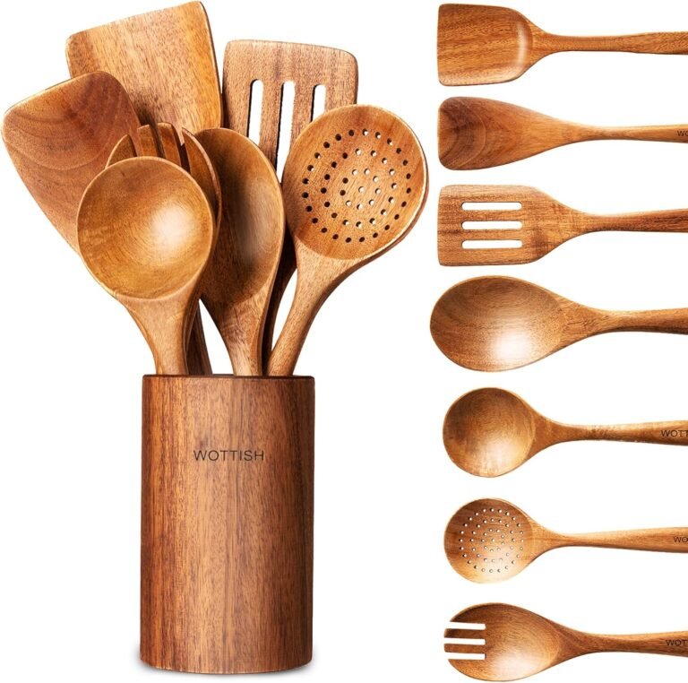 Wood Spoons for Cooking – 8-Piece Wood Kitchen Utensil Set manufactured from Pure Strong Wooden Materials – Contains Spoons, Spatulas, Ladles, Strainer Spoon, Salad Fork, Mixing Spoon and Utensil Holder