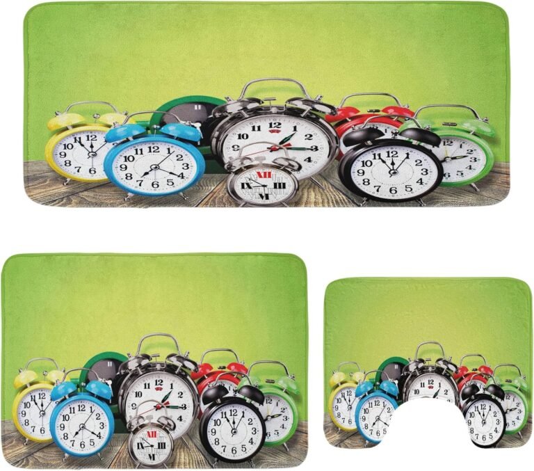 Ambesonne Clock Lavatory Rug Set 3 Items, Group of Alarm Clocks on The Wood Floor Digital Print Nostalgic Design Print, Plush 2 Rectangular Ground Mats & a U-Form Rest room Mat, Lime Inexperienced