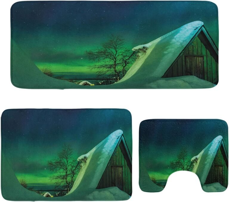 Ambesonne Aurora Borealis Rest room Rug Set 3 Items, Picket Roof Home Winter ICY Arctic View Chilly Climates Air Picture, Plush 2 Rectangular Flooring Mats & a U-Form Rest room Mat, Darkish Blue Jade Inexperienced