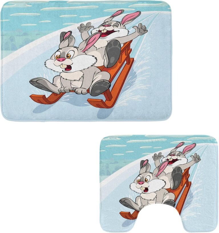 Ambesonne Bunny Lavatory Rug Set 2 Items, Winter Wood Sled Cartoon Fashion Compositions of Woodland Animals Theme, Water-Resistant Rectangle Flooring Rug & U-Form Contour Mat, Aqua and Orange