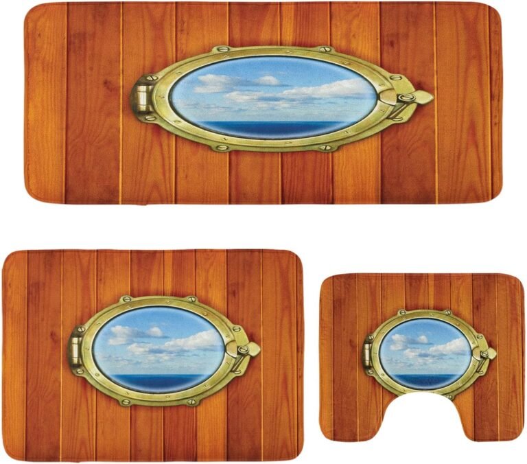 Ambesonne Nautical Rest room Rug Set 3 Items, Porthole Picket Background Window Ship Outdated Crusing Vessel Print, Plush 2 Rectangular Flooring Mats & a U-Form Rest room Mat, Darkish Orange Pale Blue