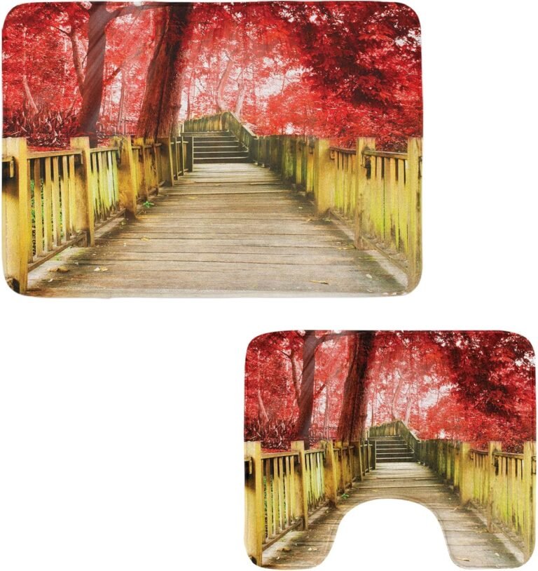 Ambesonne Autumn Rest room Rug Set 2 Items, Summary Vinous Tones Forest with Wood Pier Walkway and Stairs, Water-Resistant Rectangle Ground Rug & U-Form Contour Mat, Vermilion and Pale Brown