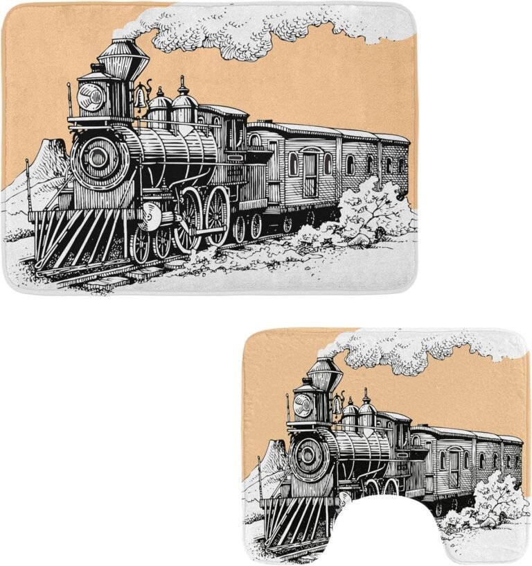 Ambesonne Steam Engine Rest room Rug Set 2 Items, Classic Wood Prepare Rail Wild West Wagon in Countryside Drawing Impact, Water-Resistant Rectangle Flooring Rug & U-Form Contour Mat, Peach White