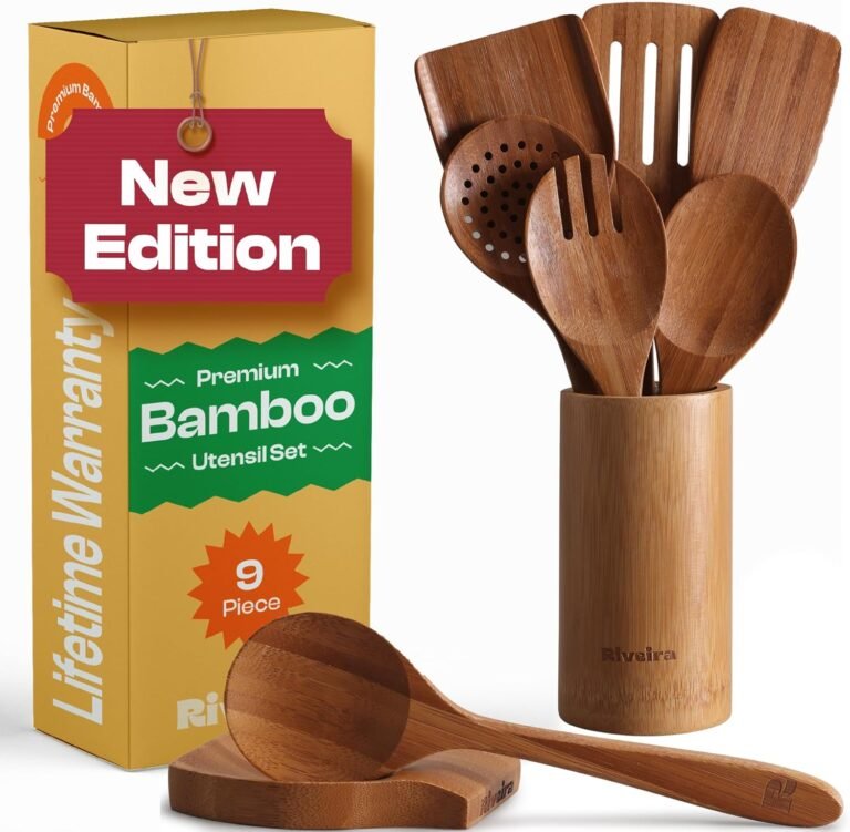 Riveira Pure Bamboo Picket Cooking Utensils Set of 9 Premium High quality Non-Poisonous Picket Spoons and Spatulas for Cooking
