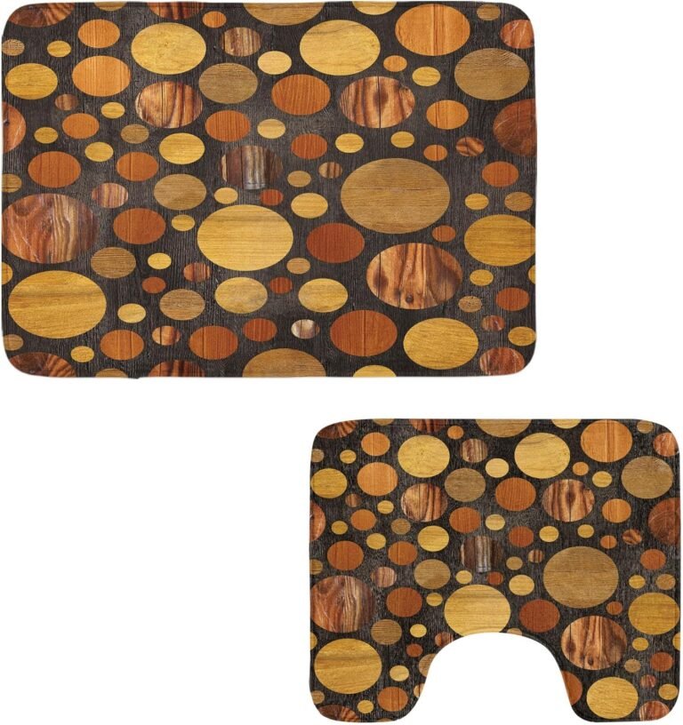 Ambesonne Wood Print Lavatory Rug Set 2 Items, Wooden Print Summary Sample Circles Timber Oak Pure Artwork, Water-Resistant Rectangle Flooring Rug & U-Form Contour Mat, Brown Mustard and Cinnamon