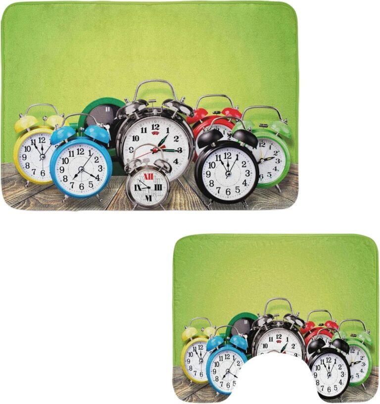 Ambesonne Clock Toilet Rug Set 2 Items, Group of Alarm Clocks on The Picket Floor Digital Print Nostalgic Design Print, Water-Resistant Rectangle Ground Rug & U-Form Contour Mat, Lime Inexperienced