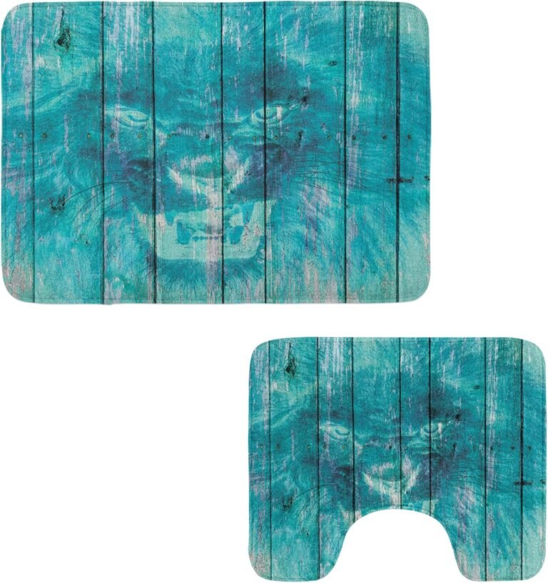 Ambesonne Animal Toilet Rug Set 2 Items, Silhouette of a King Lion Tiger on Picket Oak Planks Hippie Type Retro Picture Print, Water-Resistant Rectangle Ground Rug & U-Form Contour Mat, Cadet Blue